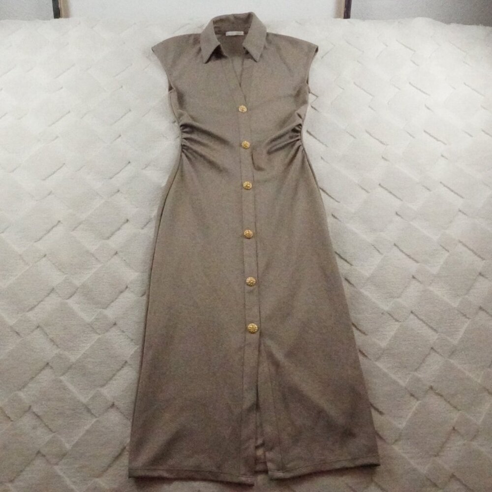 Zara Khaki Button-Front Midi Dress with Gold Buttons